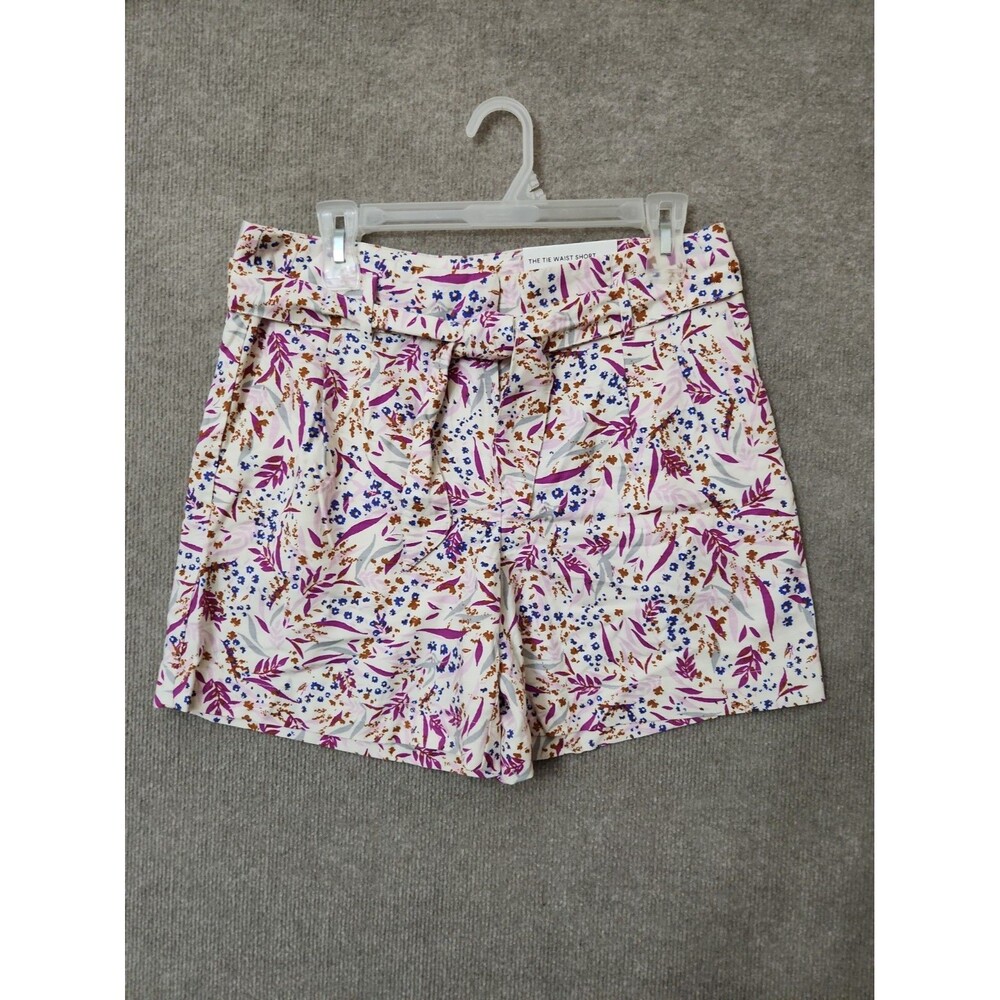 Ann Taylor Tie Waist Shorts Womens S Off White Floral Pleated Viscose NEW